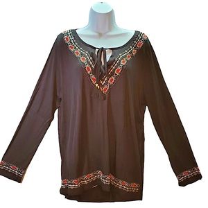 Urban CoCo Women's Blouse LongSleeve Embroidered Shirt Black Tassels, Size XXL